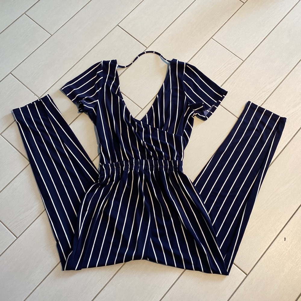 Navy striped express jumpsuit